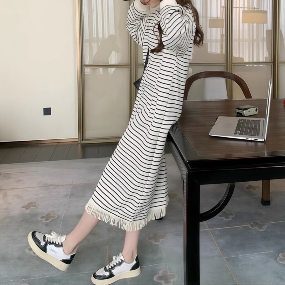 ラフかわボーダー｜フリンジ付きロングワンピース