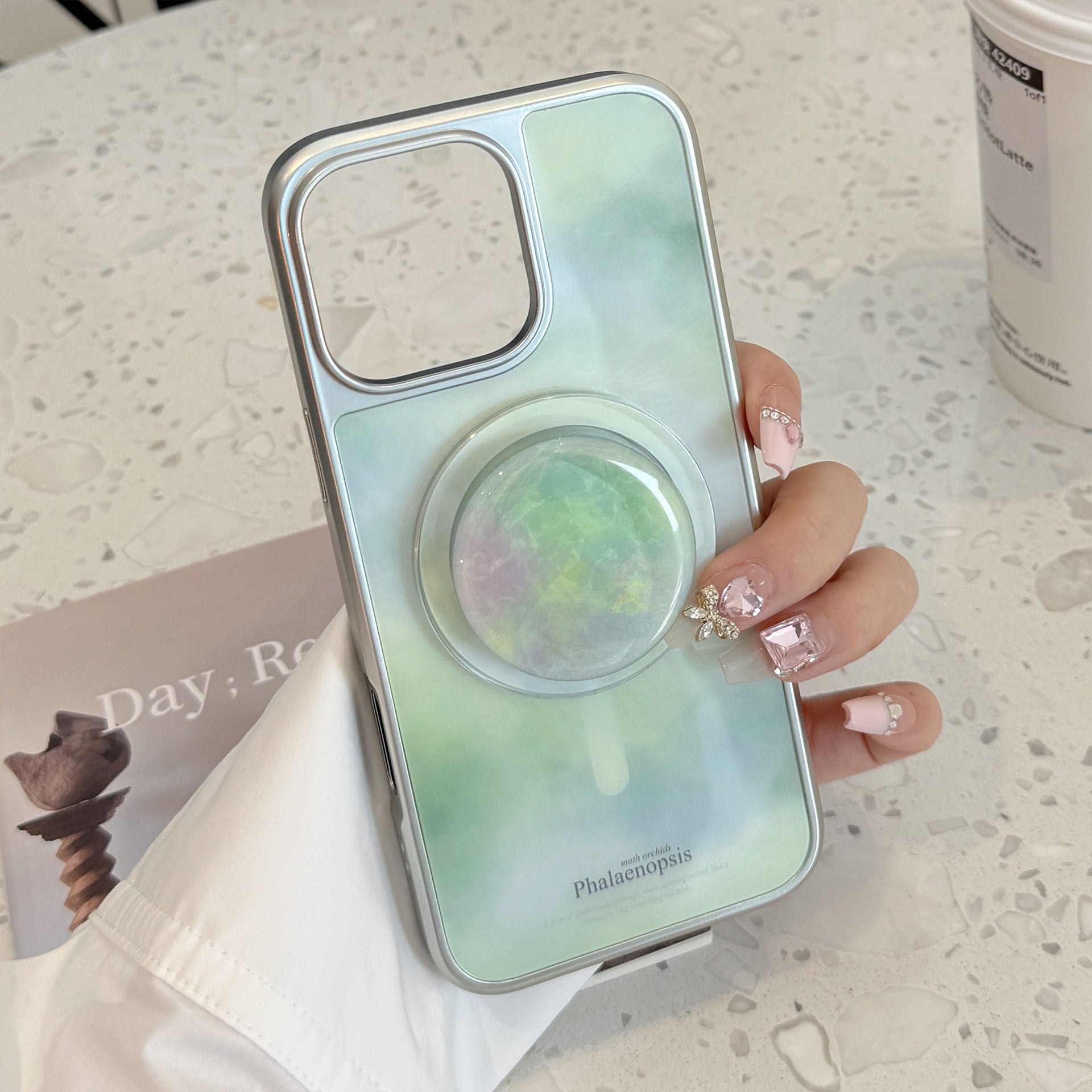 【MagSafe対応】ミントマーブル｜スタンド付きiPhoneケース