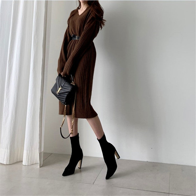 Vネック×ベルト付き｜リブニットワンピース