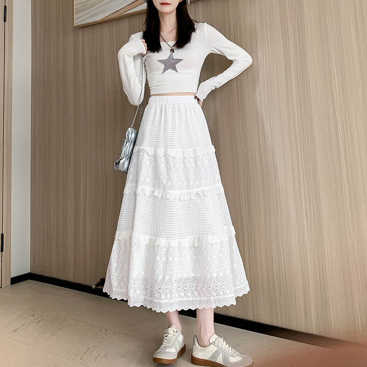 フリル×レース切り替え｜ホワイトティアードロングスカート