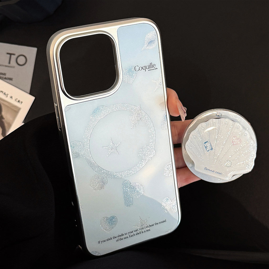 【MagSafe対応】シェルモチーフ＆キラきらラメ｜グリップ付きiPhoneケース