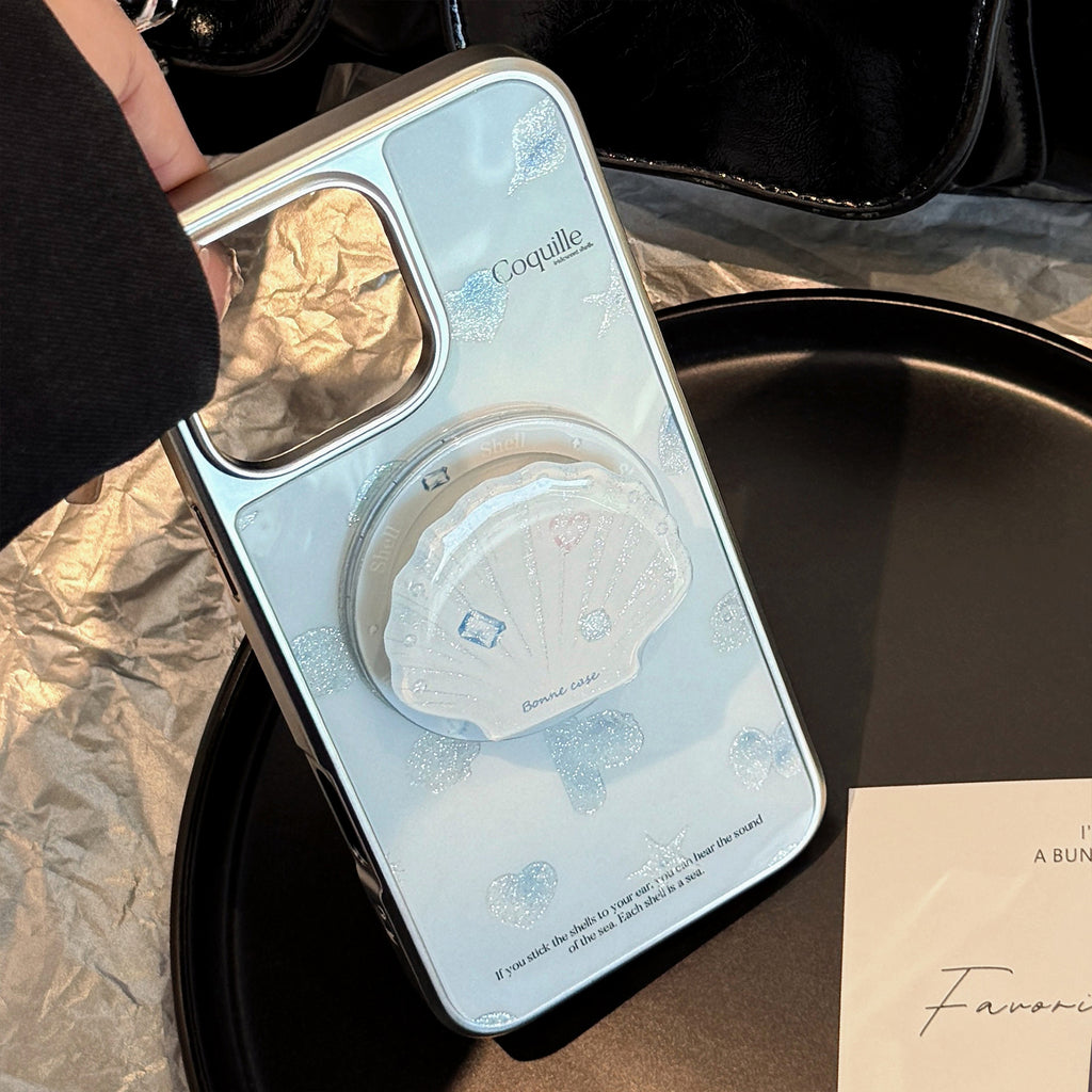 【MagSafe対応】シェルモチーフ＆キラきらラメ｜グリップ付きiPhoneケース