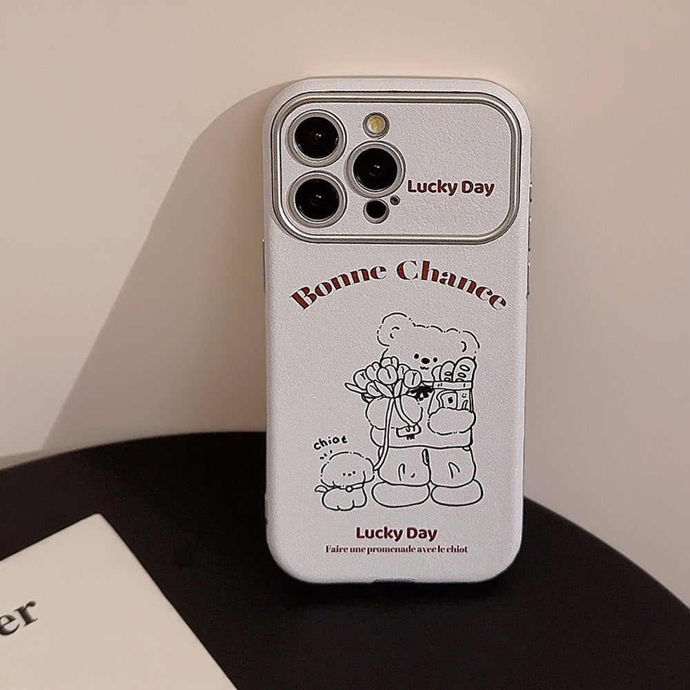 くま＆子犬イラスト｜レザー調ホワイトiPhoneケース