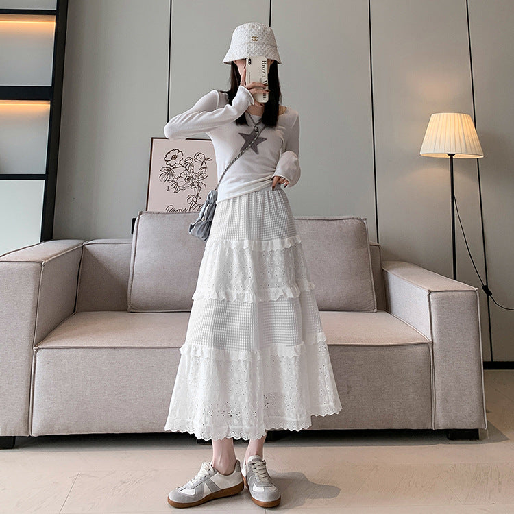 フリル×レース切り替え｜ホワイトティアードロングスカート