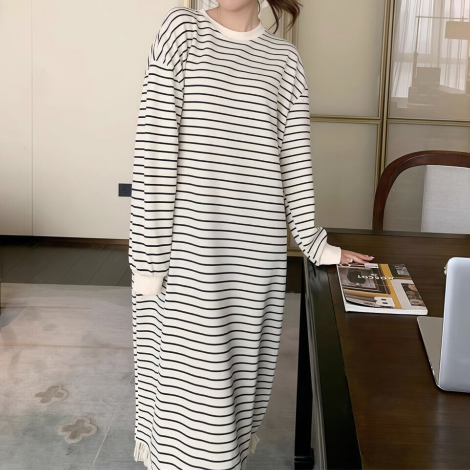 ラフかわボーダー｜フリンジ付きロングワンピース