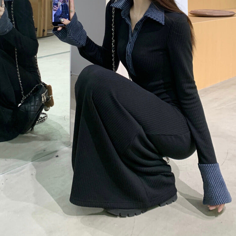 バイカラーカフ＆襟｜リブロングワンピース