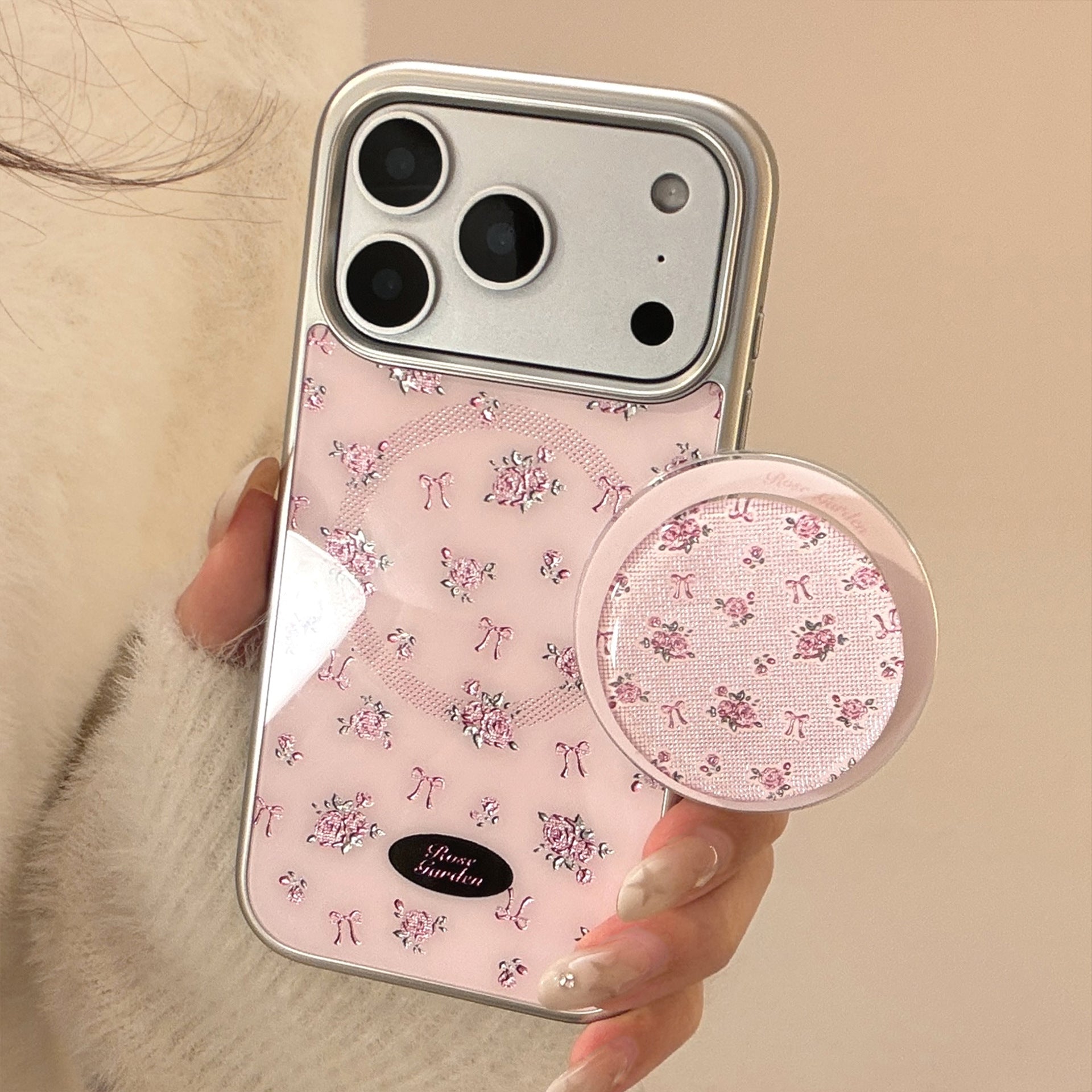 ピンクローズリボンスタンドiPhoneケース