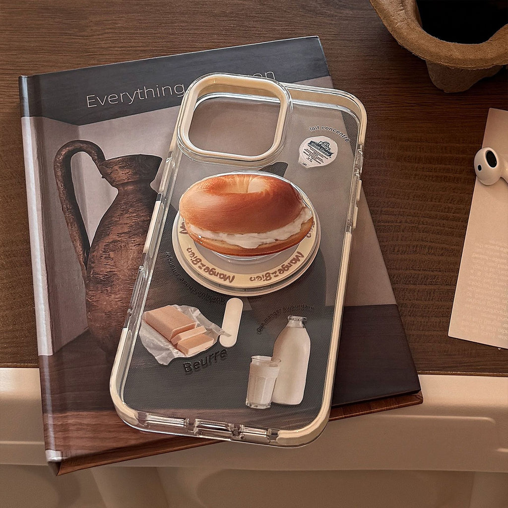 【MagSafe対応】ベーグルスタンド付き｜カフェ風iPhoneケース