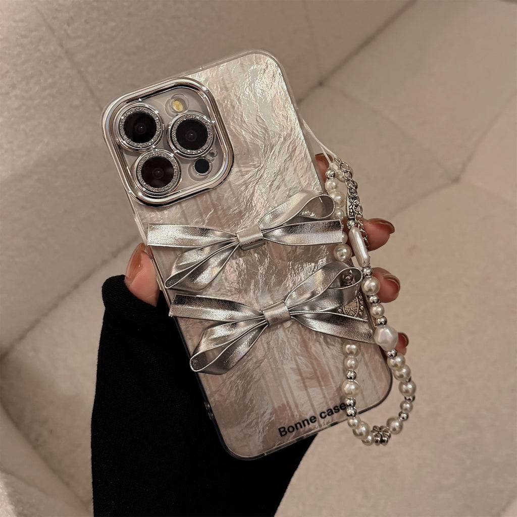シルバーリボン×パールチャーム｜大人かわいいiPhoneケース