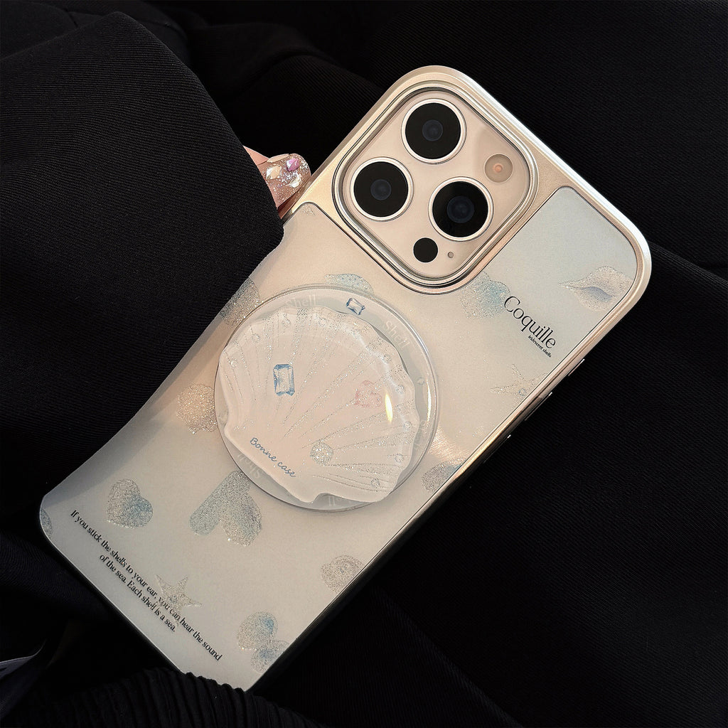 【MagSafe対応】シェルモチーフ＆キラきらラメ｜グリップ付きiPhoneケース