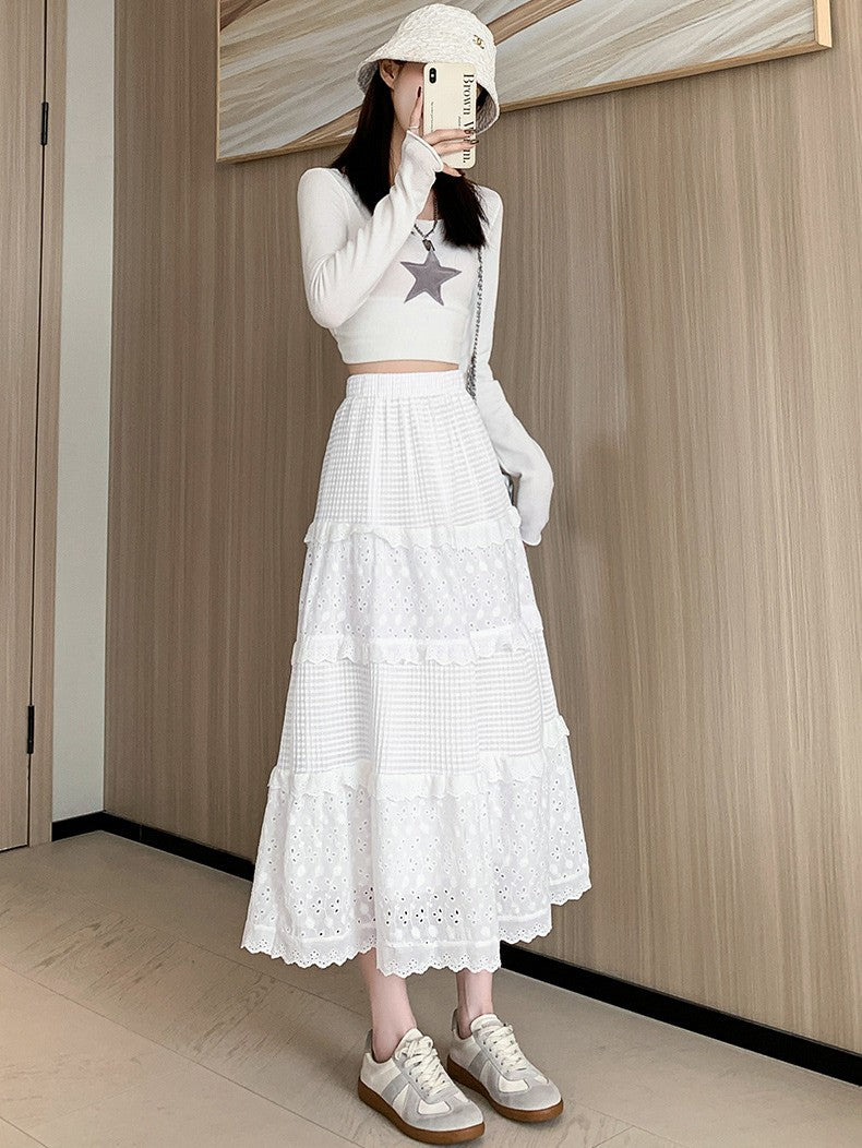 フリル×レース切り替え｜ホワイトティアードロングスカート