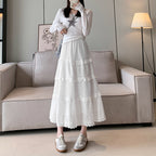 フリル×レース切り替え｜ホワイトティアードロングスカート