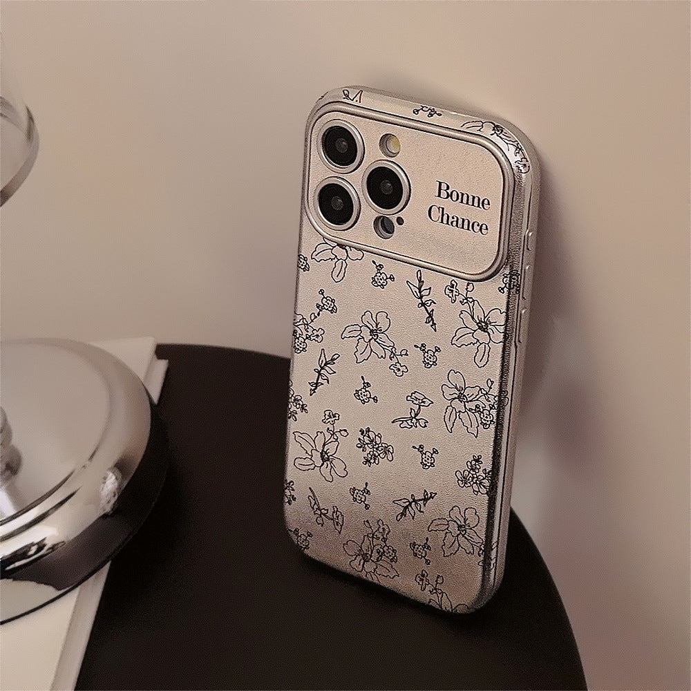 フラワーパターン｜レザー調シルバーiPhoneケース