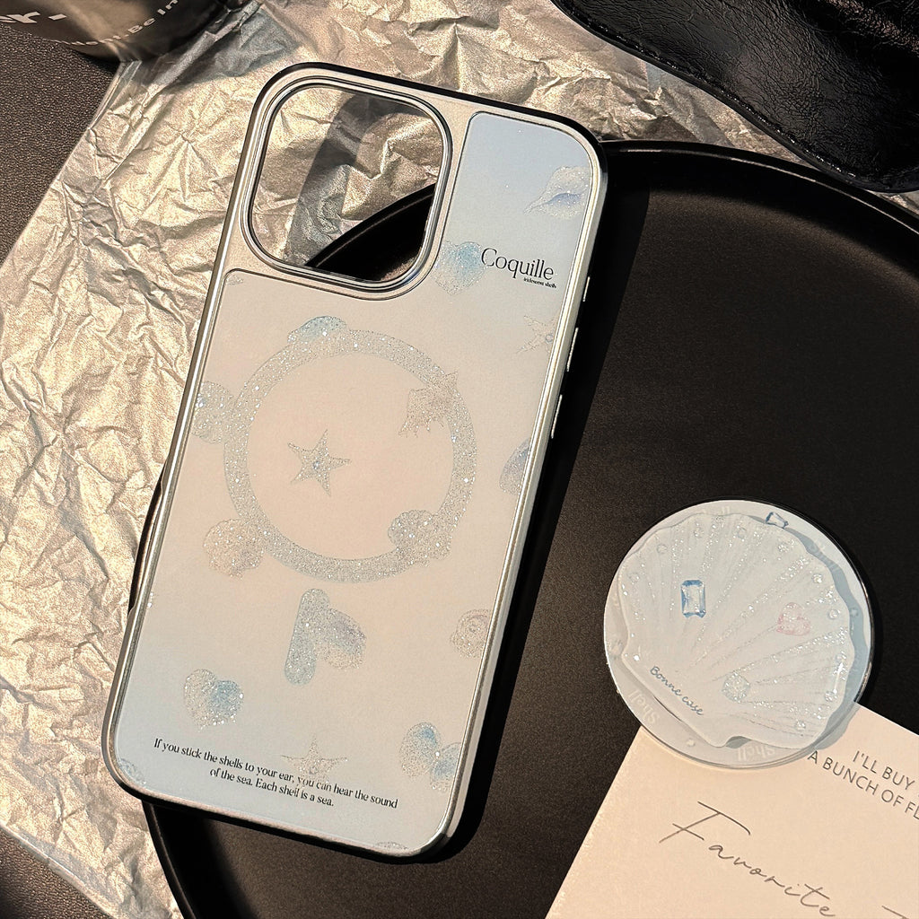 【MagSafe対応】シェルモチーフ＆キラきらラメ｜グリップ付きiPhoneケース