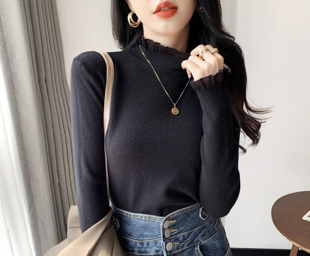 フリルネックリブニット｜上品スリムフィットトップス