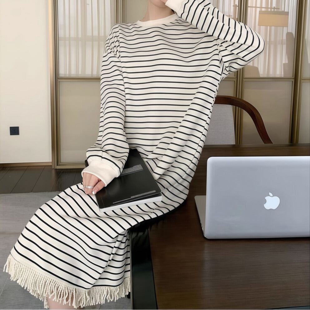 ラフかわボーダー｜フリンジ付きロングワンピース