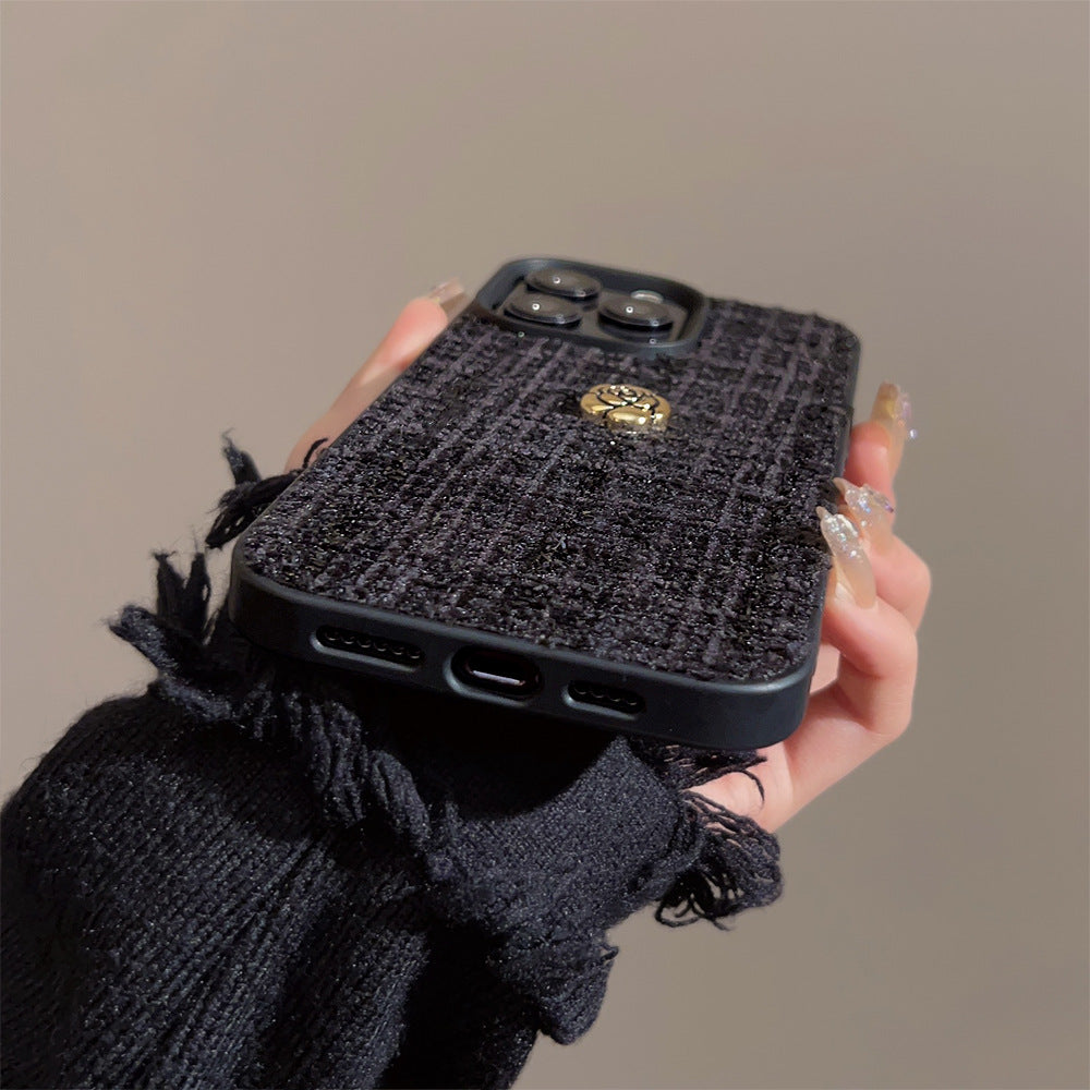 ツイード調ブラック｜フラワーモチーフiPhoneケース