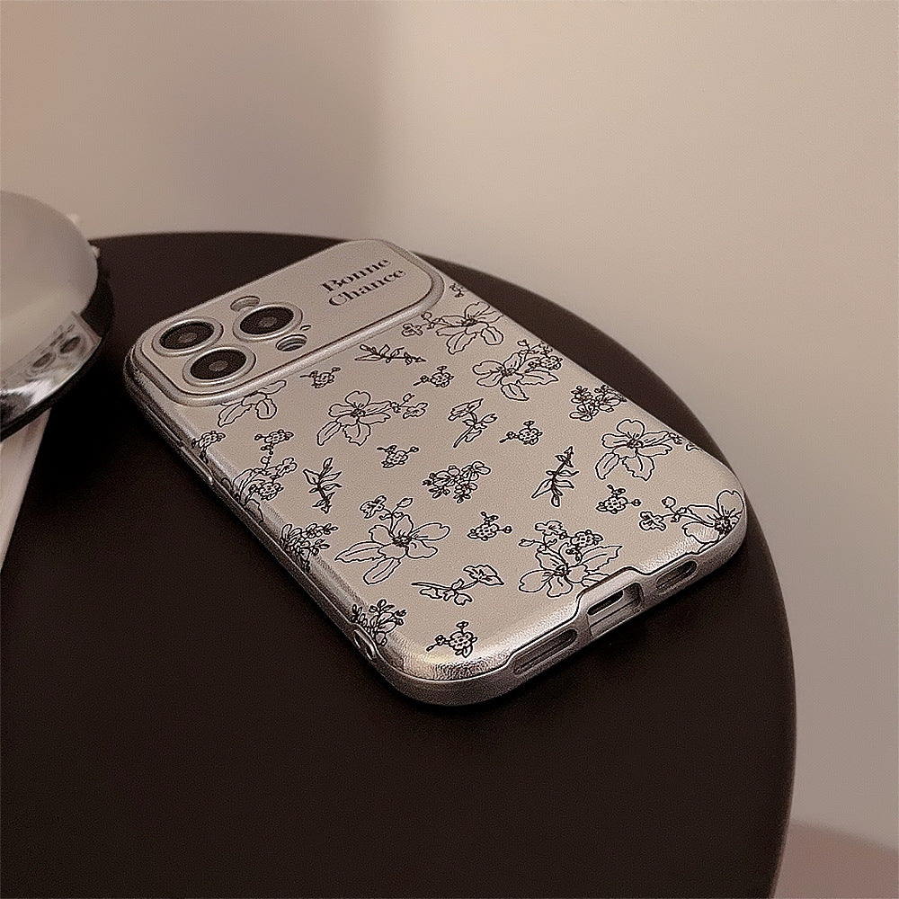 フラワーパターン｜レザー調シルバーiPhoneケース