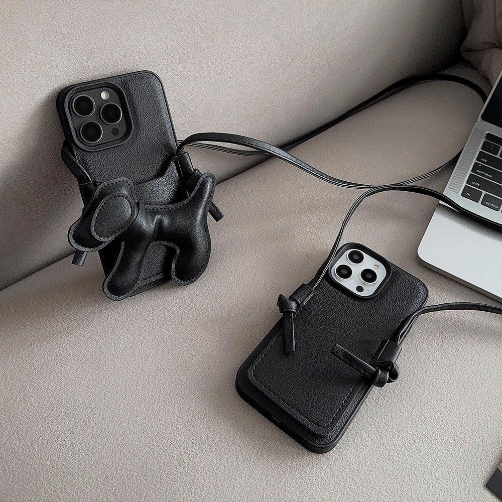 子犬チャーム付きショルダーiPhoneケース｜カード収納・ストラップ付き