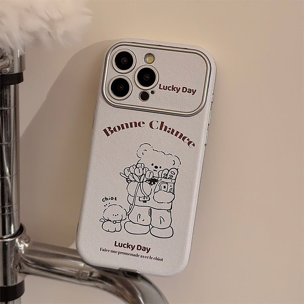 くま＆子犬イラスト｜レザー調ホワイトiPhoneケース