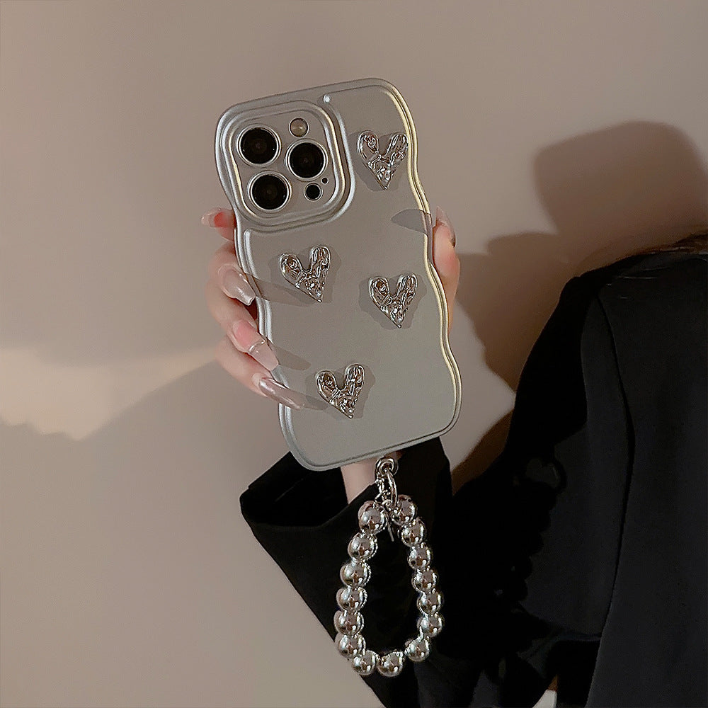 立体ハート×メタリックチャーム｜シルバーiPhoneケース