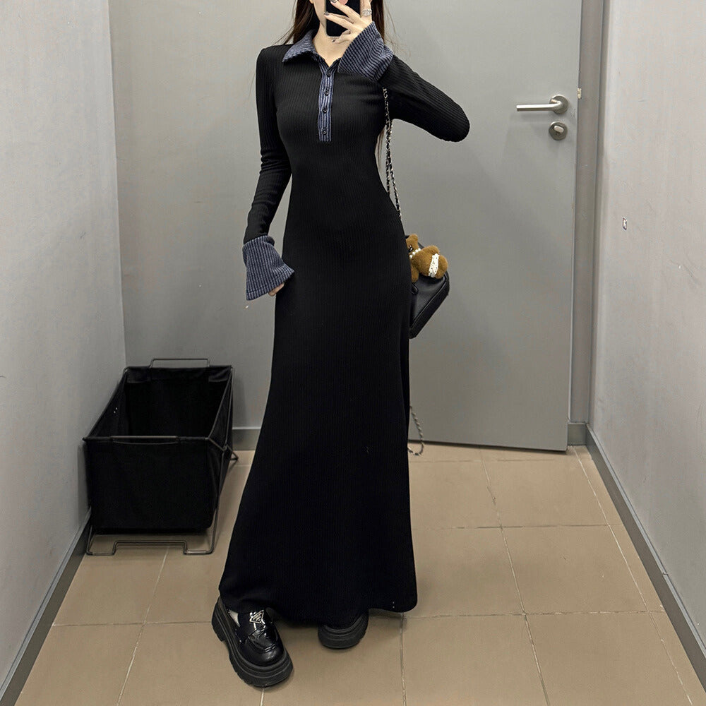 バイカラーカフ＆襟｜リブロングワンピース