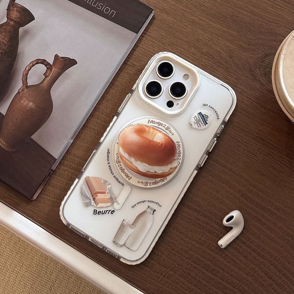 【MagSafe対応】ベーグルスタンド付き｜カフェ風iPhoneケース