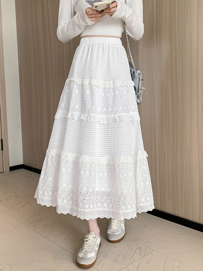 フリル×レース切り替え｜ホワイトティアードロングスカート