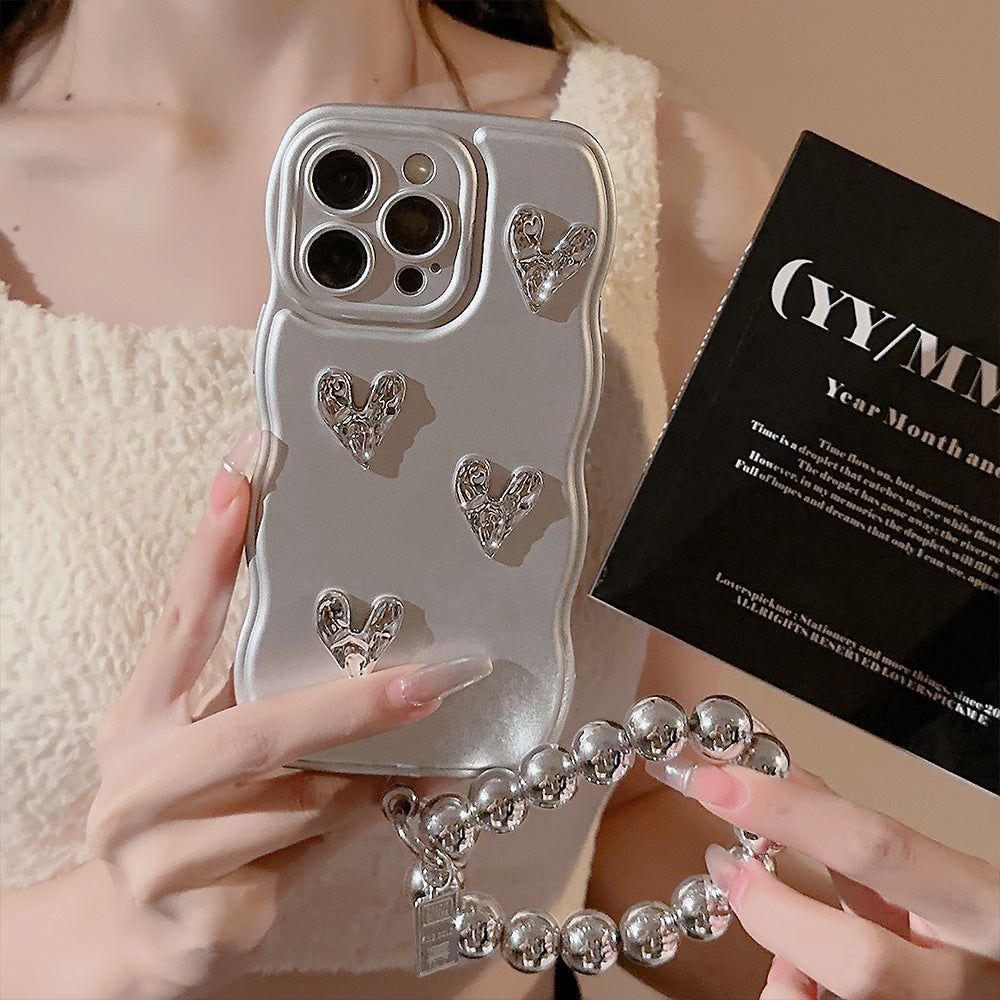 立体ハート×メタリックチャーム｜シルバーiPhoneケース