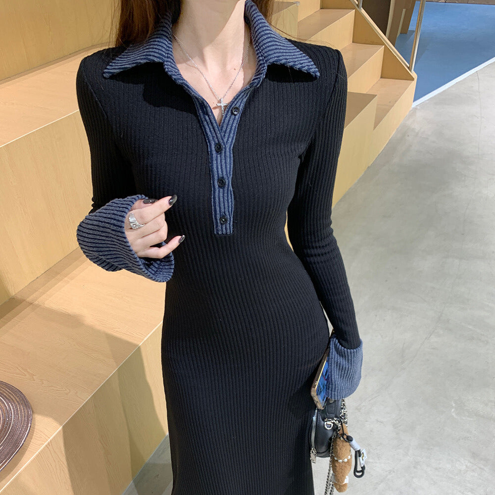 バイカラーカフ＆襟｜リブロングワンピース