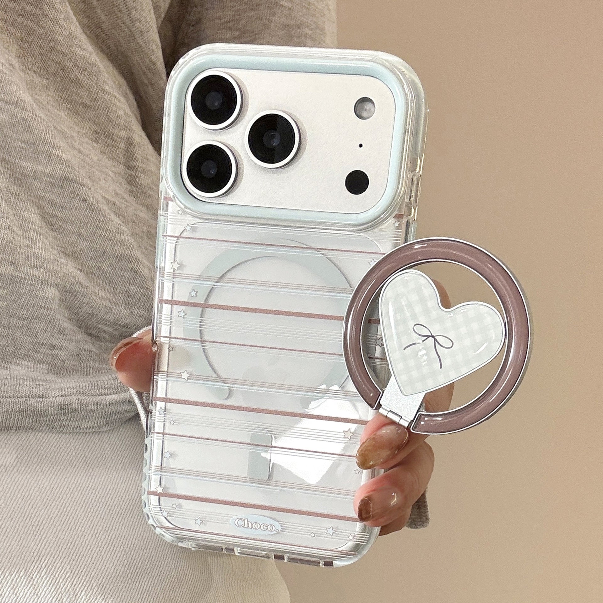 クリアギンガムハートスタンドiPhoneケース