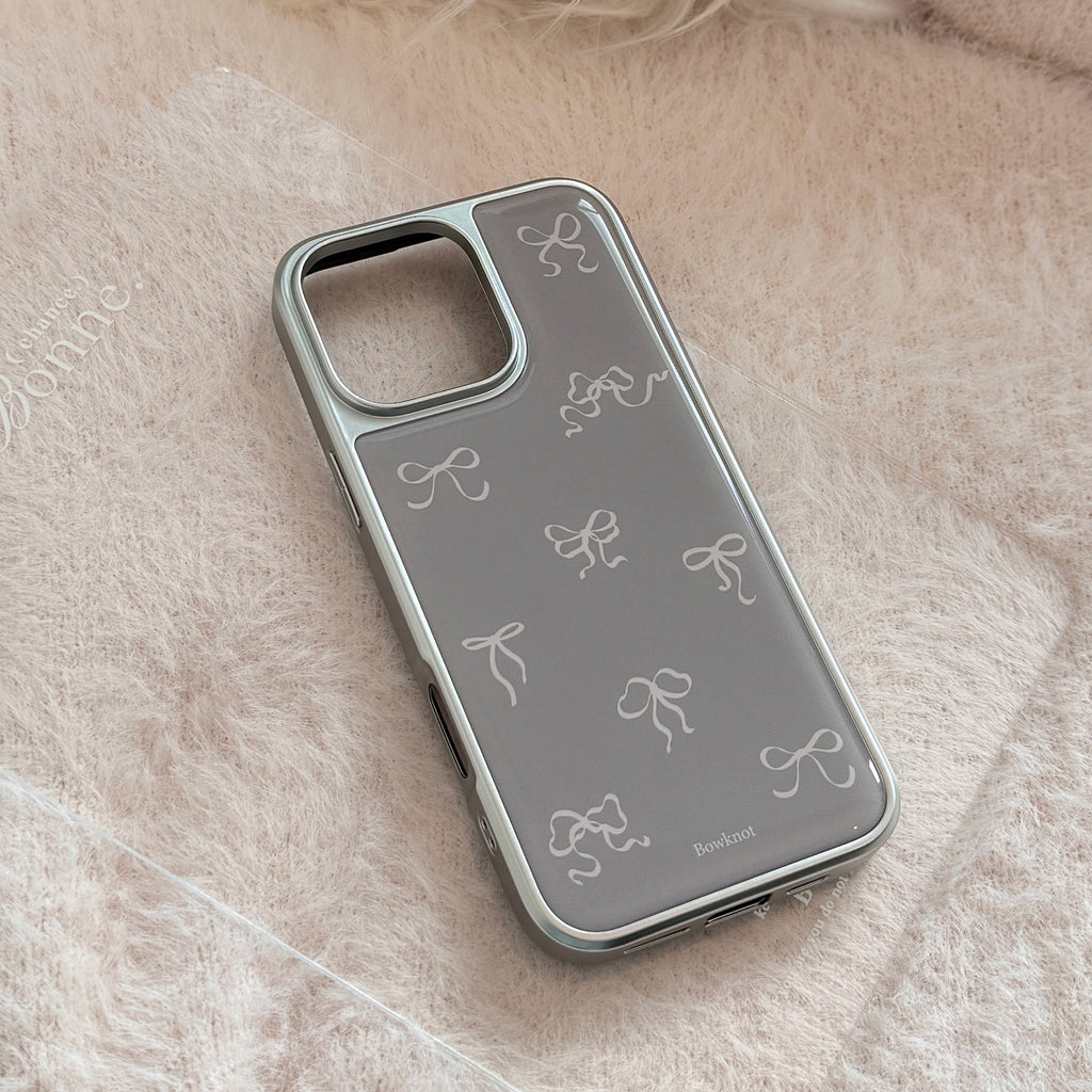 リボン柄プリント｜シルバーフレームiPhoneケース