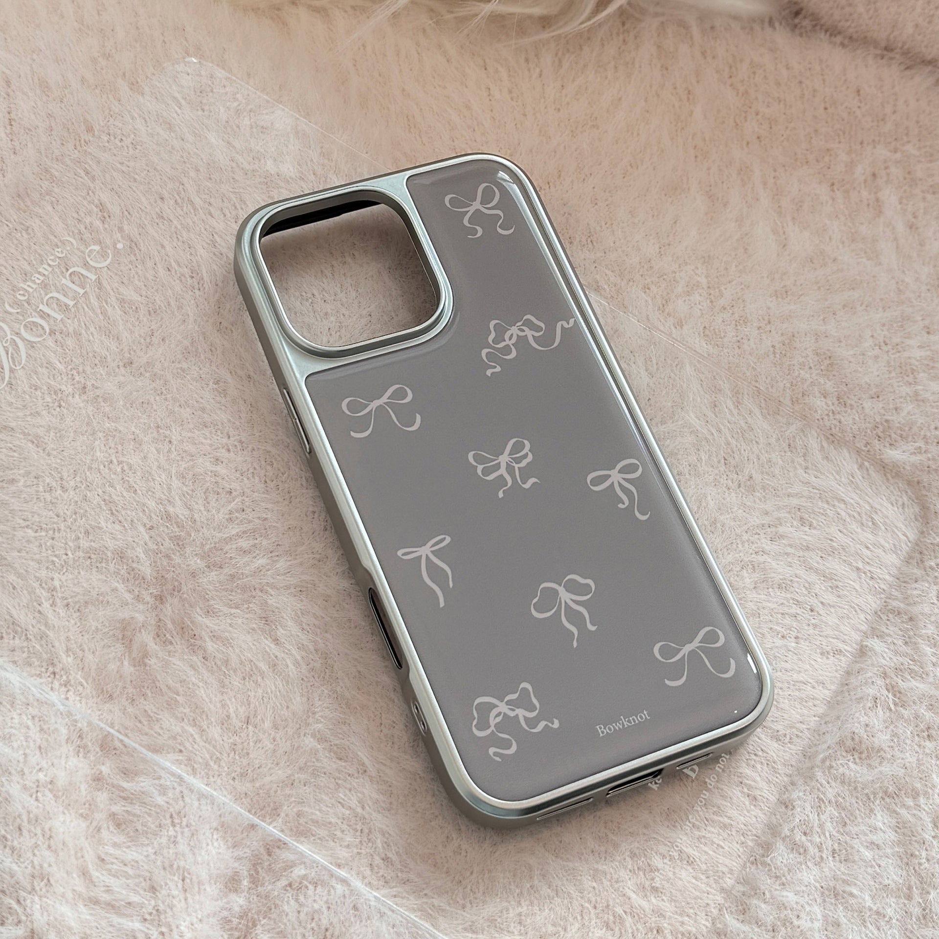 リボン柄プリント｜シルバーフレームiPhoneケース