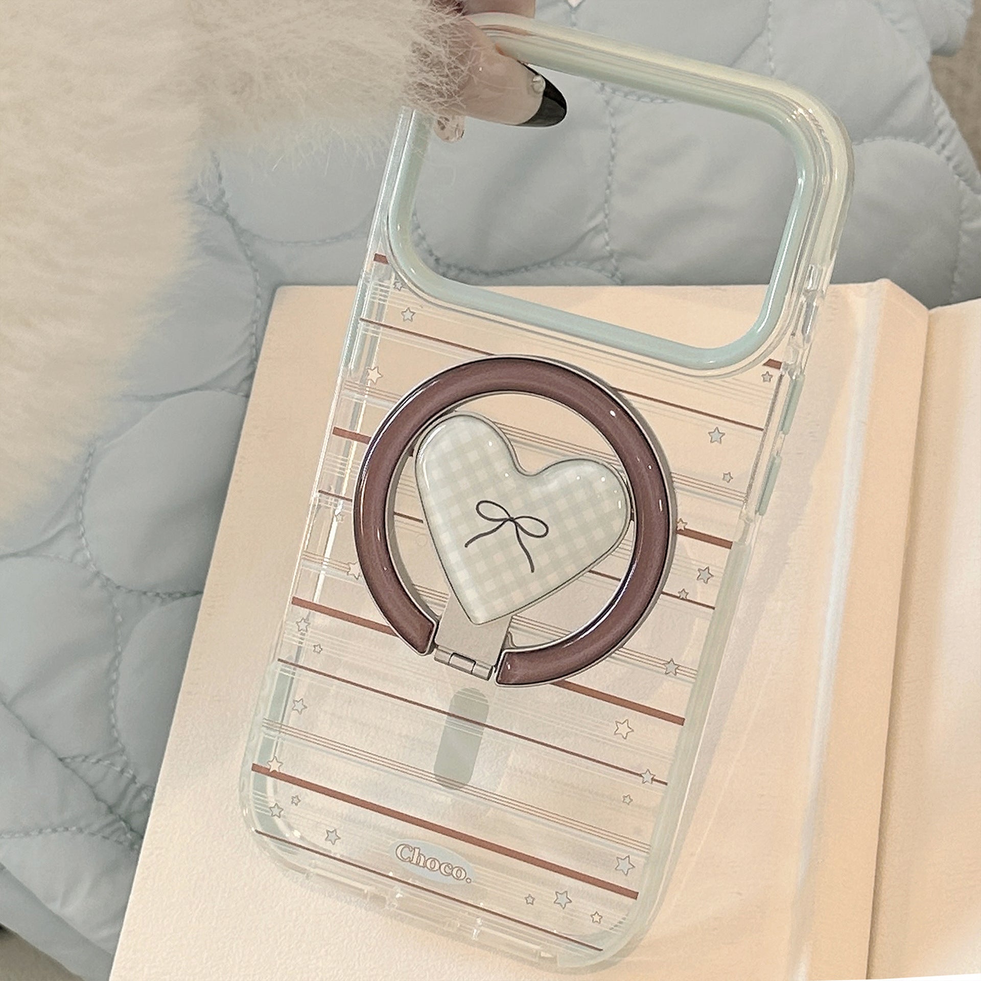 クリアギンガムハートスタンドiPhoneケース