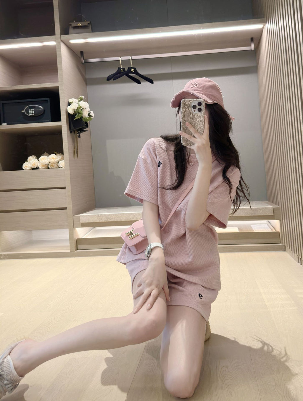 ワッフル生地｜ピンクセットアップ