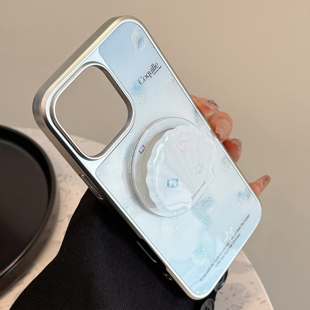 【MagSafe対応】シェルモチーフ＆キラきらラメ｜グリップ付きiPhoneケース